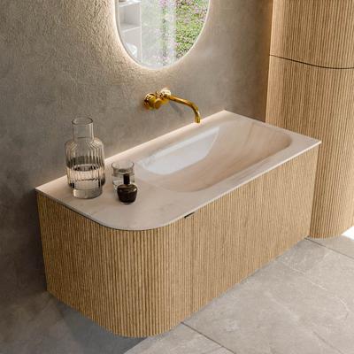 Badmeubel Mondiaz Kurve-Dlux | 95 cm | Meubelkleur Oak | Wastafelkleur Meli | Solid surface | Wasbak rechter zijde spoelbak | Zonder kraangat(en)