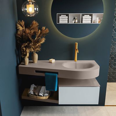 MONDIAZ RIVA 120cm badmeubel onderkast / planchet kleur Clay met 1 lade. Wastafel DULCET rechts 1 kraangat kleur Smoke.