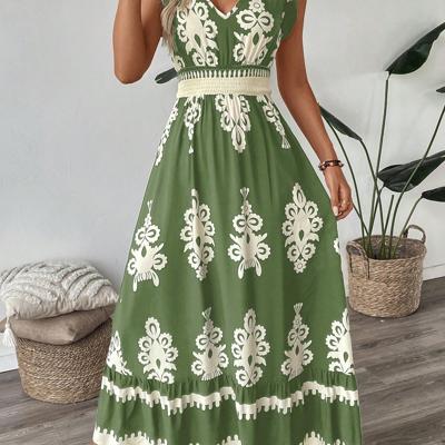 Bon&Bon Floral Green Boho Maxi Dress - Shirred Ruffle Trim A-Line Green / S