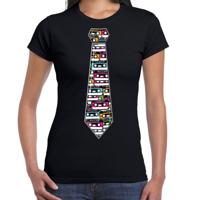 Verkleed T-shirt dames - zwart - cassettebandjes stropdas - foute party/themafeest
