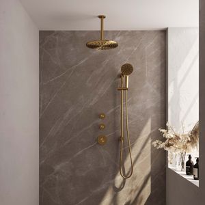 Regendoucheset Inbouw Brauer Gold Edition Thermostatisch 30cm met Plafondarm, Glijstang en Handdouche 3-Standen Losse Stopkranen Geborsteld Goud