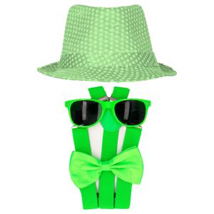 Carnaval verkleed set compleet - hoedje/bretels/bril/strikje - fluor groen - heren/dames - glimmend