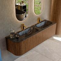 Mondiaz KURVE-DLUX 165 cm Onderkast Greeploos 2 Lades Met Deuren Walnut, Wastafel Solid Surface Rechts Lava 2 Kraangaten Zonder Spiegel (KRVSTS165L2L1D2KD-Wal/Lav)