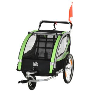 HOMCOM 2-in-1 Fietskar voor 2 Kinderen, Duwfunctie, Regenbescherming, Rem, Groen