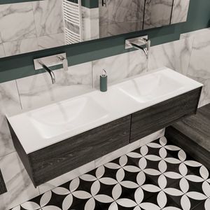 Mondiaz Lush Cloud badmeubel eiken donker bruin 150 cm 2 lades solid surface dubbele spoelbak zonder kraangat
