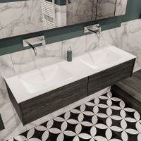 Mondiaz Lush Cloud badmeubel eiken donker bruin 150 cm 2 lades solid surface dubbele spoelbak zonder kraangat
