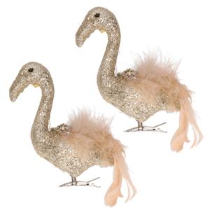 Kerstboom versiering Flamingo - 2x - goud - 13 cm - op clip - vogeltjes