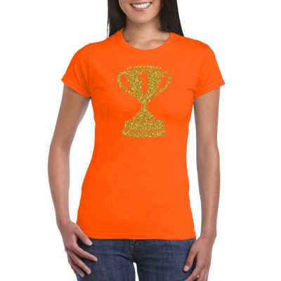 Gouden kampioens beker / nummer 1 t-shirt / kleding oranje dames Gouden kampioens beker / nummer 1 t-shirt / kleding oranje dames