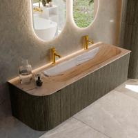 Badmeubel Mondiaz Kurve-Dlux | 145 cm | Meubelkleur Shadow | Wastafelkleur Arena | Solid surface | Wasbak rechter zijde spoelbak | 2 kraangaten