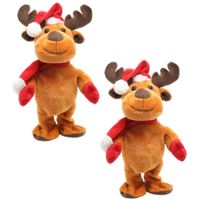 2x stuks rendier pop knuffels dansend 30 cm bewegende kerstfiguren/kerstpoppen - thumbnail