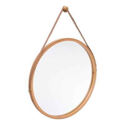 Wandspiegel met ophanghaak - rond - bamboo - leer - D38 cm