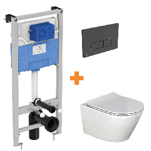 Luca Varess Calibro hangend toilet en fino wc-bril hoogglans wit randloos met inbouwreservoir en gratis Ideal Standard Oleas M1 mat zwart bedieningspaneel