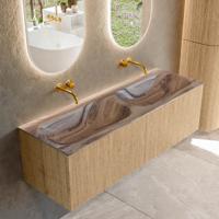 Badmeubel Mondiaz Kurve-Dlux | 140 cm | Meubelkleur Oak | Wastafelkleur Sombra | Solid surface | Wasbak beide zijden spoelbak | Zonder kraangat(en)