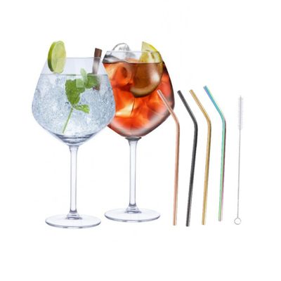 Set van 4x Gin Tonic cocktailglazen met 4x gekleurde rietjes RVS