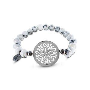 CO88 Collection 8CB-80002 - Natuurstenen armband met stalen elementen - howliet 8 mm - boheemse bloem - one-size - wit / grijs / zilverkleurig