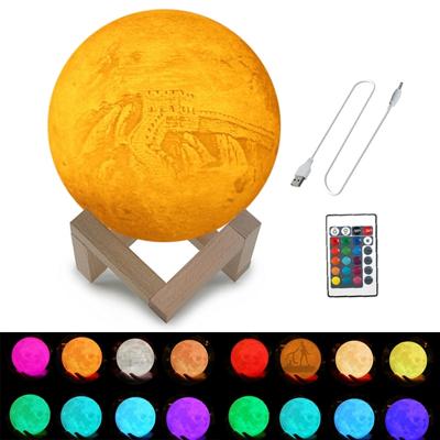 Aangepaste 16-kleuren 3D print maan lamp USB opladen energiebesparend LED nachtlampje met afstandsbediening & houten houder Base diameter: 18cm