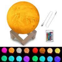 Aangepaste 16-kleuren 3D print maan lamp USB opladen energiebesparend LED nachtlampje met afstandsbediening & houten houder Base diameter: 18cm