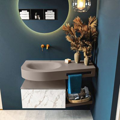 MONDIAZ RIVA 100cm badmeubel onderkast / planchet kleur carrara met 1 lade. Wastafel DULCET links 0 kraangaten kleur Smoke. MONDIAZ RIVA 100cm badmeubel onderkast / planchet kleur carrara met 1 lade. Wastafel DULCET links 0 kraangaten kleur Smoke.