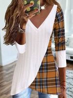 Color Block Plaid Printed Christmas V Neck Texture Casual Top - thumbnail