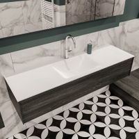 Mondiaz Lush Cloud badmeubel eiken donker bruin 150 cm 1 lade solid surface enkele spoelbak midden 1 kraangat