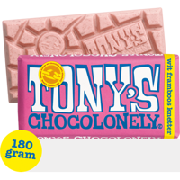 Tony&apos;s Chocolonely Wit 28% Framboos Knettersuiker Chocolade Reep 180 g bij Jumbo