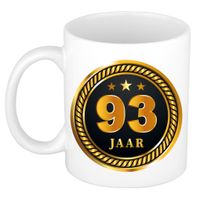 93 jaar cadeau mok / beker medaille goud zwart voor verjaardag/ jubileum - thumbnail