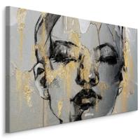 Schilderij - Vrouw omringt door Goud, zwart/grijs, Premium Print 90x60cm