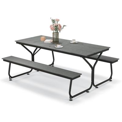 Biertentgarnituur 183 cm Biertafelgarnituur Houtlook Biertafel met HDPE-Tafelblad Parasolgat en Metalen Frame Feesttentgarnituur (Grijs)