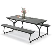 Biertentgarnituur 183 cm Biertafelgarnituur Houtlook Biertafel met HDPE-Tafelblad Parasolgat en Metalen Frame Feesttentgarnituur (Grijs)