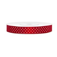 1x Rood satijnlint met witte stippen rollen 1,2 cm x 25 meter cadeaulint verpakkingsmateriaal   - - thumbnail