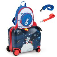 Set van 2 Stuks Bagage voor Kinderen Koffer van 47 cm en Rugzak van 30 cm met Wieltjes en Waterdichte Harde Schaal Zwart + Blauw