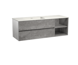 Storke Edge zwevend badmeubel 150 x 52 cm beton donkergrijs met Mata asymmetrisch linkse wastafel in mat witte solid surface