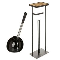 5Five - WC borstel- toiletborstel - met toiletrolhouder - set - in het zwart - dolomiet en metaal