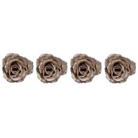 4x Champagne roos met glitters op clip 7 cm - kerstversiering - thumbnail