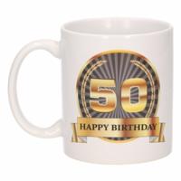 Leeftijd 50 jaar Koffiebeker - Mok - Luxe print in zwart/goud - Wit - verjaardag cadeau - 300 ml