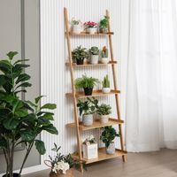 5-Tier Ladder Boekenkast 183 cm Bamboe Wandplank Anti-Val Randen/Anti-Tip Kits Bloemenstandaard voor Woonkamer Badkamer Natuur