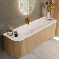 Badmeubel Mondiaz Kurve-Dlux | 150 cm | Meubelkleur Oak | Wastafelkleur Frappe | Solid surface | Midden spoelbak | 1 kraangat
