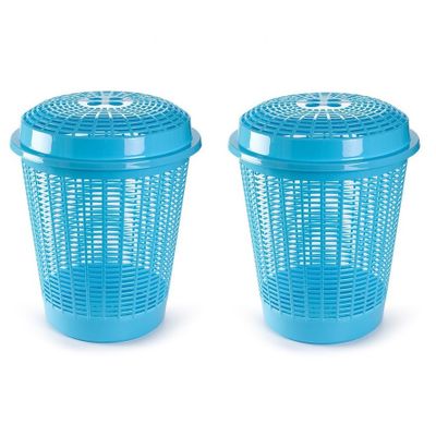 2x stuks ronde wasmanden met deksel van 50 liter in het lichtblauw