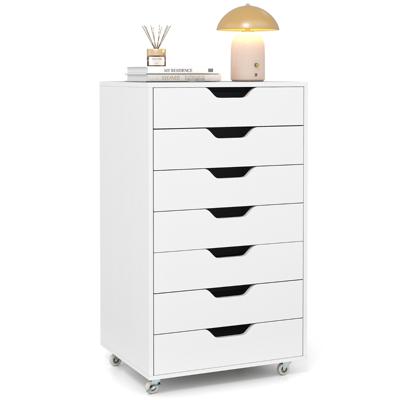Ladekast met 7 Lades Archiefkast met Vergrendelbare Wielen Kantoorkast van Hout Rollende Kantoorkast 48 x 40 x 89 cm Wit