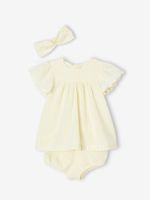 Driedelige set voor baby: jurk + bloomer + haarband pastelgeel - thumbnail