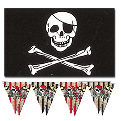 Piraten feest/verjaardag versiering set 2x vlaggenlijnen en 1x piratenvlag 90 x 150 cm