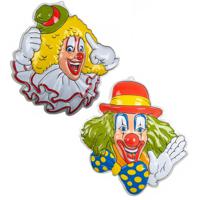 Carnaval/party decoratie borden - 3x Clown hoofden - wand/muur versiering - 50 x 50 cm - plastic