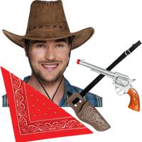 Carnaval verkleeds set cowboyhoed Elroy - bruin - rode hals zakdoek - holster met revolver - thumbnail