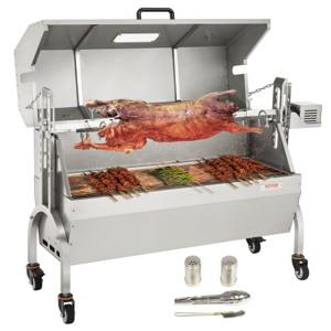 VEVOR speenvarkensgrill lamsgrill 117 cm, 60 kg RVS rotisserie in hoogte verstelbaar in 4 niveaus, 50 W 2 in 1 BBQ rotisserie grill incl. kruidenpotje & reinigingsborstel & handvat elektrische grill met deksel