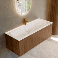 Badmeubel Mondiaz Kurve-Dlux | 120 cm | Meubelkleur Walnut | Wastafelkleur Frappe | Solid surface | Midden spoelbak | 1 kraangat Badmeubel Mondiaz Kurve-Dlux | 120 cm | Meubelkleur Walnut | Wastafelkleur Frappe | Solid surface | Midden spoelbak | 1 kraangat