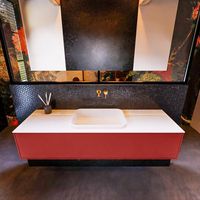 Badkamermeubelset Mondiaz Erin 150 cm met 1 Lade met RIDGE Wastafel Midden Talc Zonder Kraangaten Greeploos Mat Fire