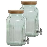 Drank dispenser Beverages Tap - 2x - 5.5 Liter - bewerkt glas/bamboe - tapkraan/deksel - thumbnail