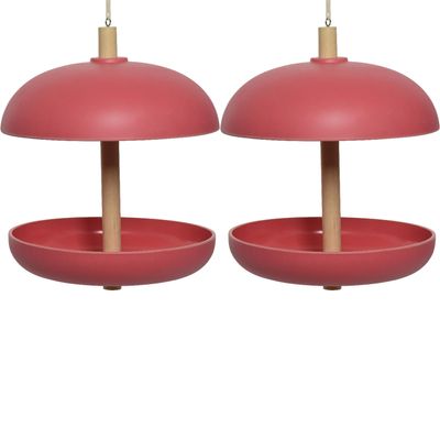 2x stuks vogel voedersilo hangend - bamboe hout - roze - 21 x 25 cm
