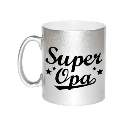 Super opa cadeau zilveren mok / beker sterren 330 ml Super opa cadeau zilveren mok / beker sterren 330 ml