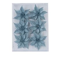 6x stuks decoratie bloemen rozen ijsblauw glitter op ijzerdraad 8 cm - thumbnail
